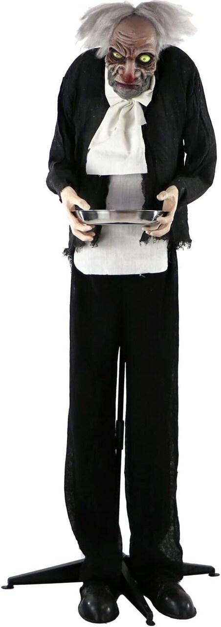 Life-Size Halloween Animatronic, Zombie Butler Holding Tray with Touch Activated Motion and Lights, Indoor or Covered Outdoor Halloween Decorations, Battery Operated Halloween Props